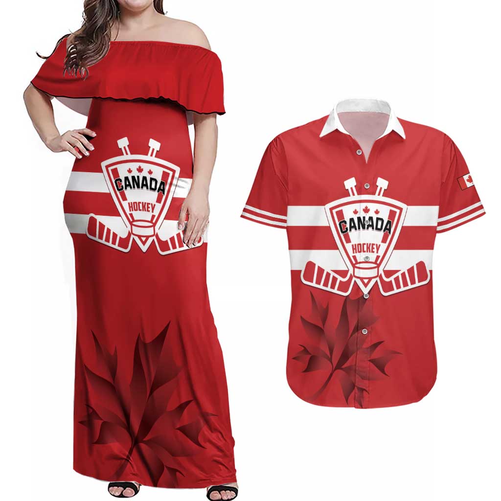 Custom Canada Hockey Team Couples Matching Off Shoulder Maxi Dress and Hawaiian Shirt Maple Leaf Red Version
