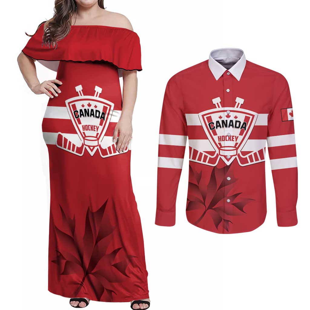 Custom Canada Hockey Team Couples Matching Off Shoulder Maxi Dress and Long Sleeve Button Shirt Maple Leaf Red Version