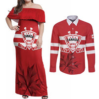 Custom Canada Hockey Team Couples Matching Off Shoulder Maxi Dress and Long Sleeve Button Shirt Maple Leaf Red Version