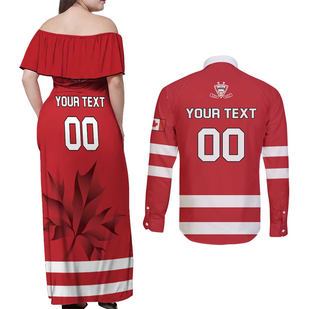 Custom Canada Hockey Team Couples Matching Off Shoulder Maxi Dress and Long Sleeve Button Shirt Maple Leaf Red Version