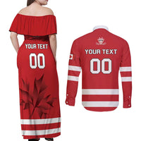 Custom Canada Hockey Team Couples Matching Off Shoulder Maxi Dress and Long Sleeve Button Shirt Maple Leaf Red Version