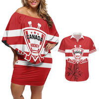Custom Canada Hockey Team Couples Matching Off Shoulder Short Dress and Hawaiian Shirt Maple Leaf Red Version