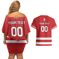 Custom Canada Hockey Team Couples Matching Off Shoulder Short Dress and Hawaiian Shirt Maple Leaf Red Version