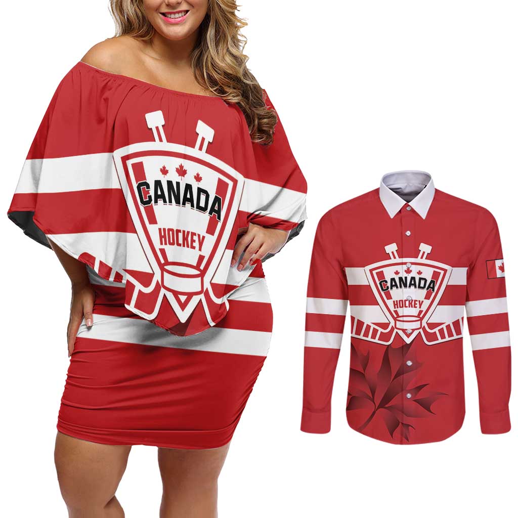 Custom Canada Hockey Team Couples Matching Off Shoulder Short Dress and Long Sleeve Button Shirt Maple Leaf Red Version
