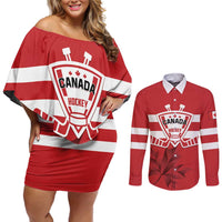 Custom Canada Hockey Team Couples Matching Off Shoulder Short Dress and Long Sleeve Button Shirt Maple Leaf Red Version
