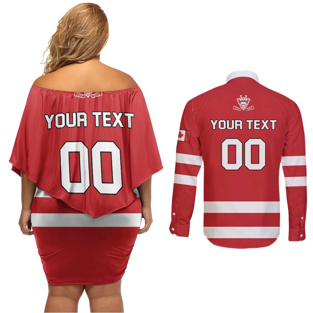 Custom Canada Hockey Team Couples Matching Off Shoulder Short Dress and Long Sleeve Button Shirt Maple Leaf Red Version