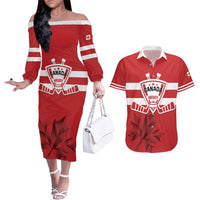 Custom Canada Hockey Team Couples Matching Off The Shoulder Long Sleeve Dress and Hawaiian Shirt Maple Leaf Red Version