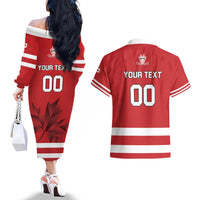 Custom Canada Hockey Team Couples Matching Off The Shoulder Long Sleeve Dress and Hawaiian Shirt Maple Leaf Red Version