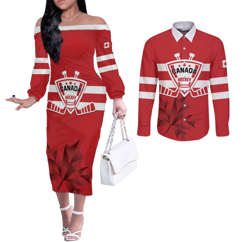 Custom Canada Hockey Team Couples Matching Off The Shoulder Long Sleeve Dress and Long Sleeve Button Shirt Maple Leaf Red Version