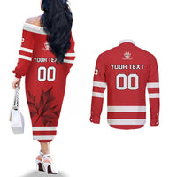Custom Canada Hockey Team Couples Matching Off The Shoulder Long Sleeve Dress and Long Sleeve Button Shirt Maple Leaf Red Version