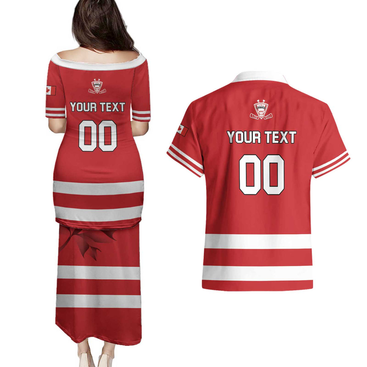Custom Canada Hockey Team Couples Matching Puletasi and Hawaiian Shirt Maple Leaf Red Version