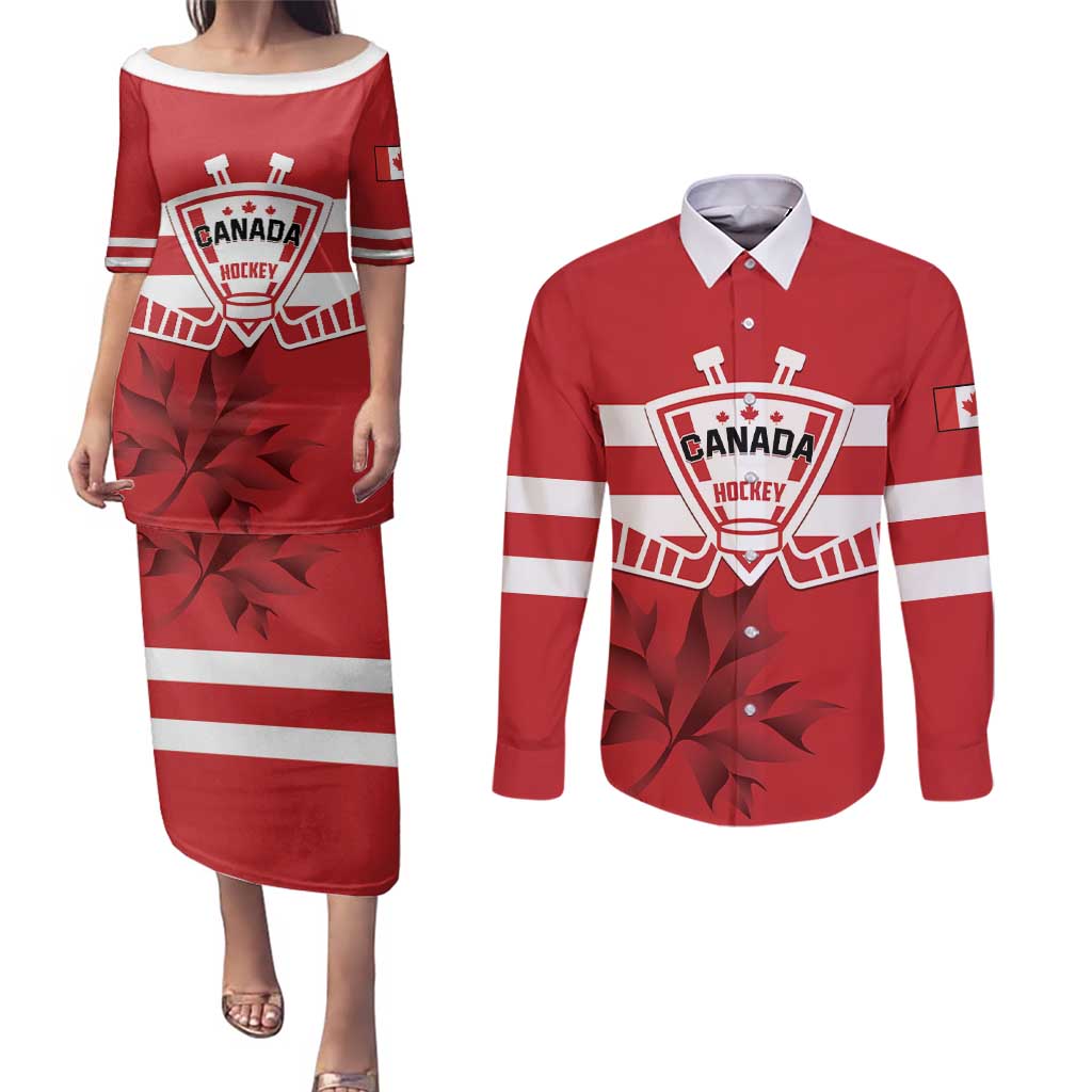 Custom Canada Hockey Team Couples Matching Puletasi and Long Sleeve Button Shirt Maple Leaf Red Version