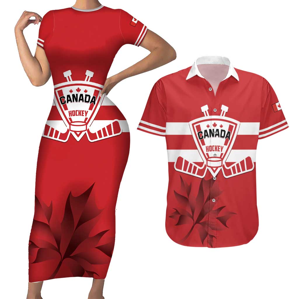 Custom Canada Hockey Team Couples Matching Short Sleeve Bodycon Dress and Hawaiian Shirt Maple Leaf Red Version