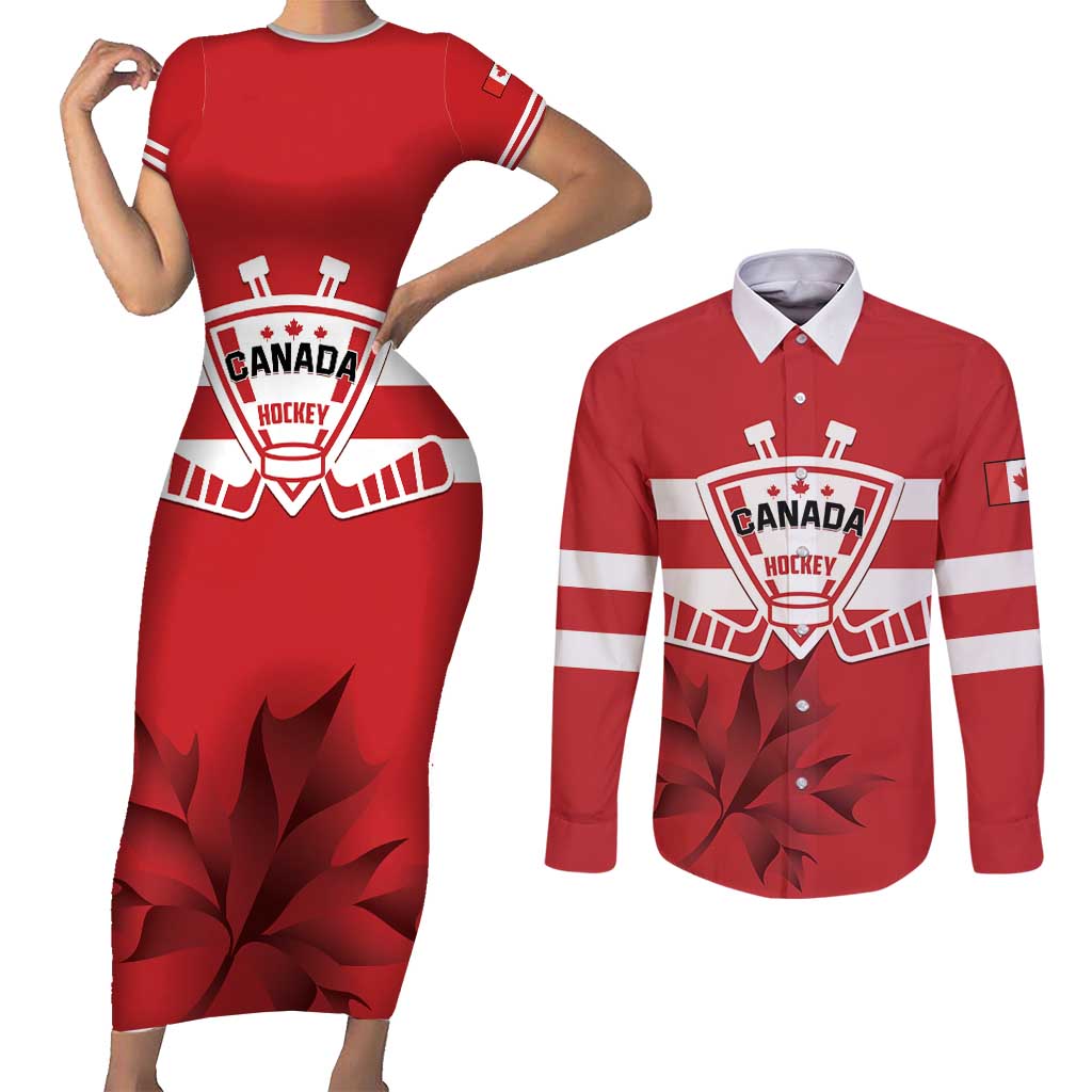 Custom Canada Hockey Team Couples Matching Short Sleeve Bodycon Dress and Long Sleeve Button Shirt Maple Leaf Red Version