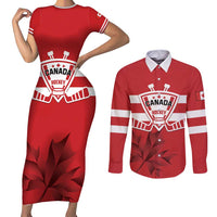 Custom Canada Hockey Team Couples Matching Short Sleeve Bodycon Dress and Long Sleeve Button Shirt Maple Leaf Red Version