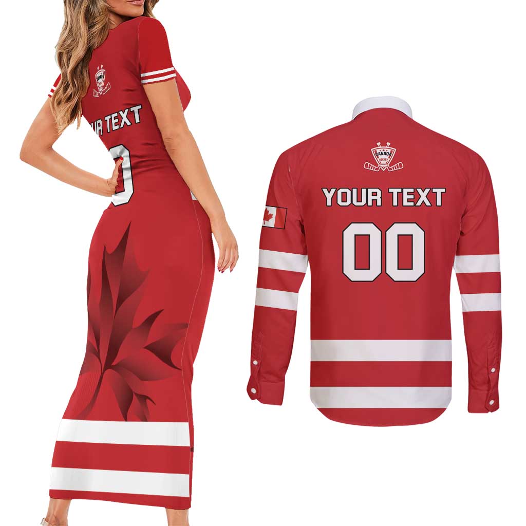 Custom Canada Hockey Team Couples Matching Short Sleeve Bodycon Dress and Long Sleeve Button Shirt Maple Leaf Red Version