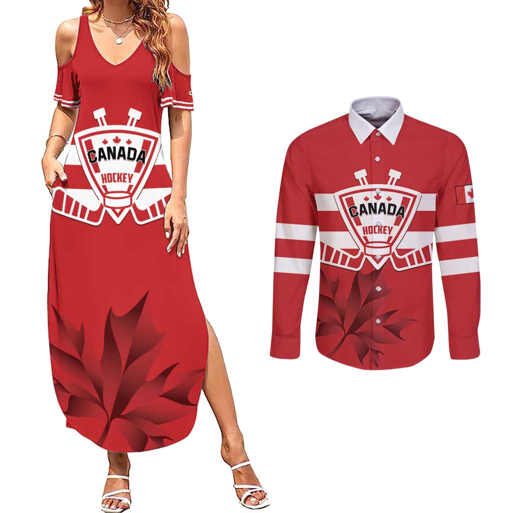 Custom Canada Hockey Team Couples Matching Summer Maxi Dress and Long Sleeve Button Shirt Maple Leaf Red Version