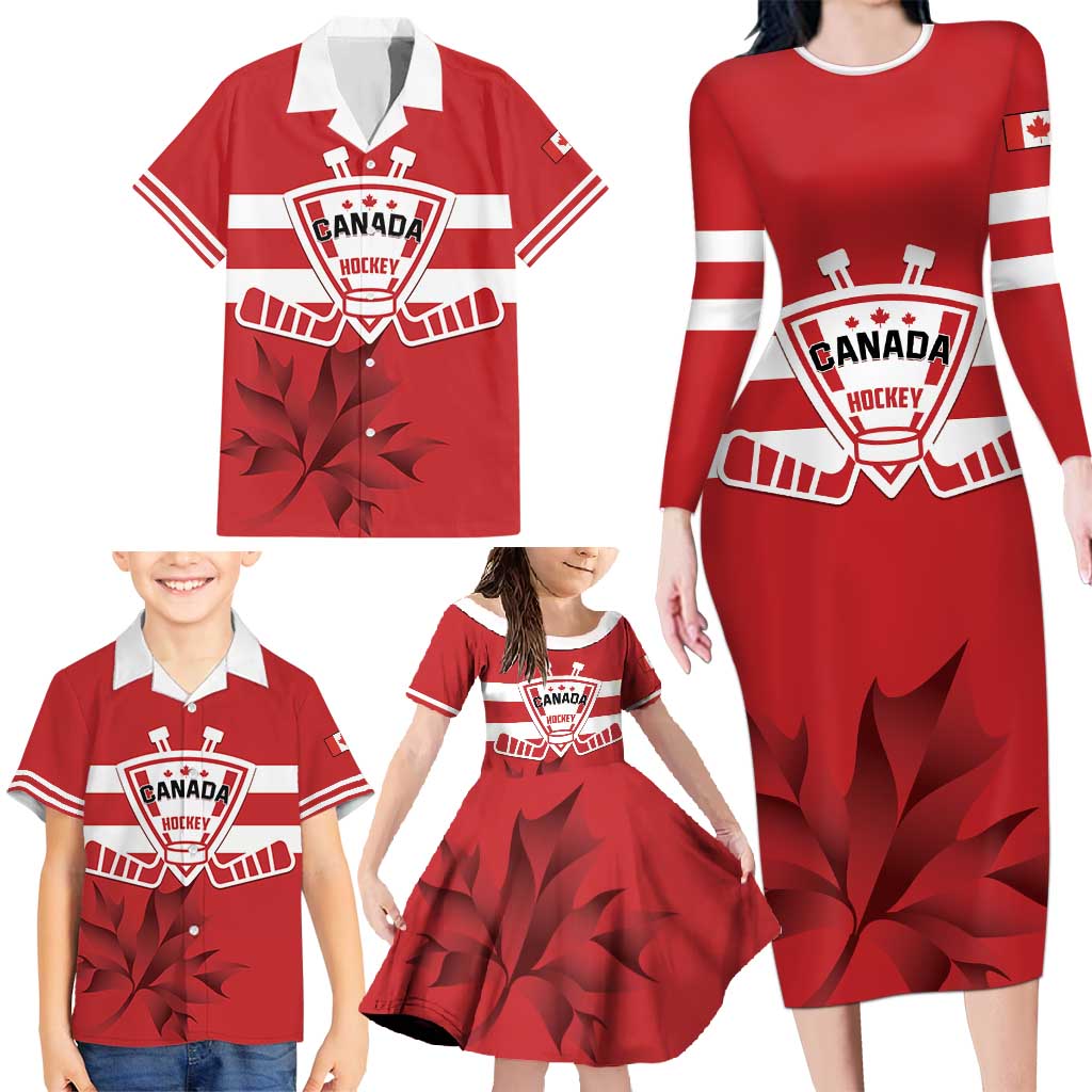 Custom Canada Hockey Team Family Matching Long Sleeve Bodycon Dress and Hawaiian Shirt Maple Leaf Red Version