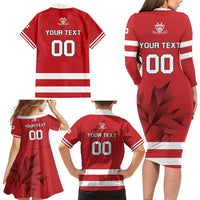Custom Canada Hockey Team Family Matching Long Sleeve Bodycon Dress and Hawaiian Shirt Maple Leaf Red Version