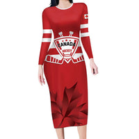 Custom Canada Hockey Team Family Matching Long Sleeve Bodycon Dress and Hawaiian Shirt Maple Leaf Red Version
