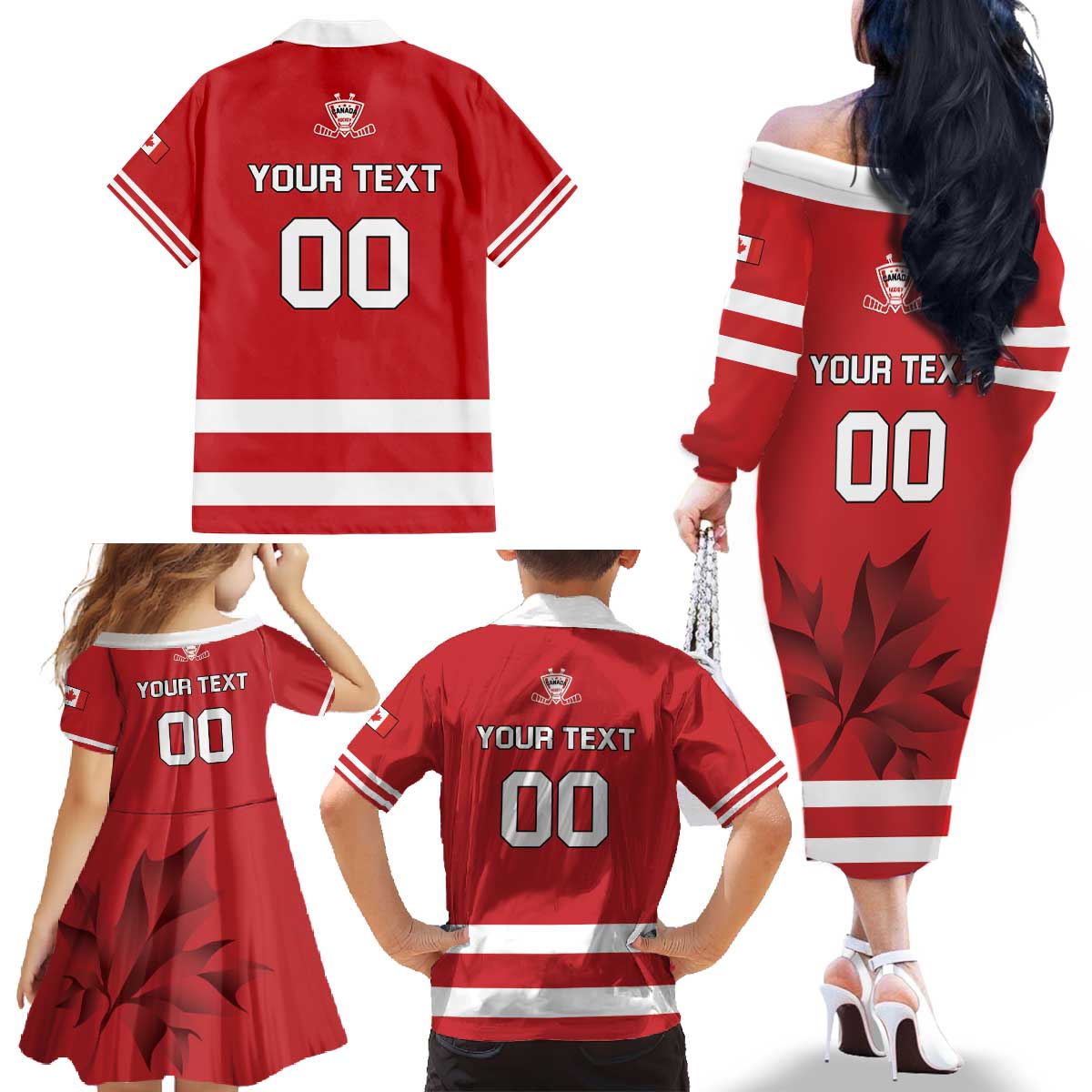 Custom Canada Hockey Team Family Matching Off The Shoulder Long Sleeve Dress and Hawaiian Shirt Maple Leaf Red Version