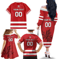 Custom Canada Hockey Team Family Matching Off The Shoulder Long Sleeve Dress and Hawaiian Shirt Maple Leaf Red Version