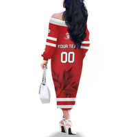 Custom Canada Hockey Team Family Matching Off The Shoulder Long Sleeve Dress and Hawaiian Shirt Maple Leaf Red Version