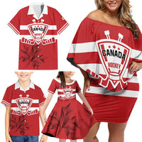 Custom Canada Hockey Team Family Matching Off Shoulder Short Dress and Hawaiian Shirt Maple Leaf Red Version