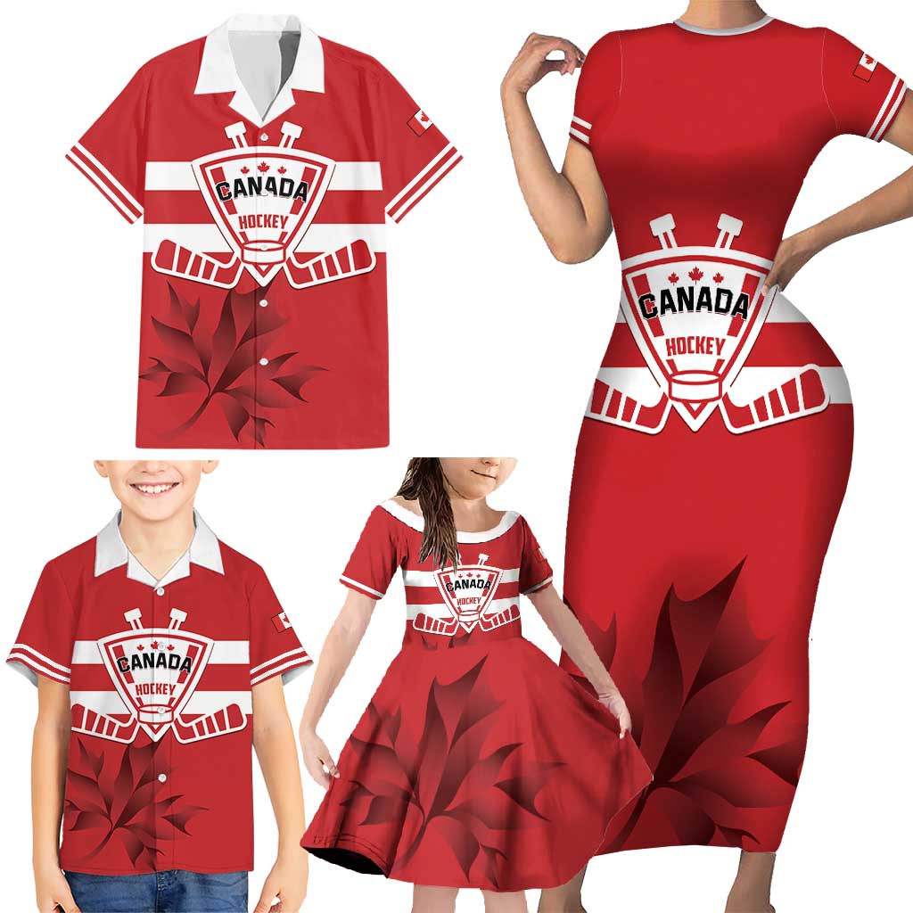 Custom Canada Hockey Team Family Matching Short Sleeve Bodycon Dress and Hawaiian Shirt Maple Leaf Red Version