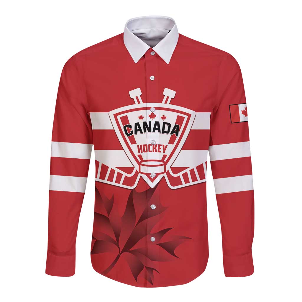 Custom Canada Hockey Team Long Sleeve Button Shirt Maple Leaf Red Version