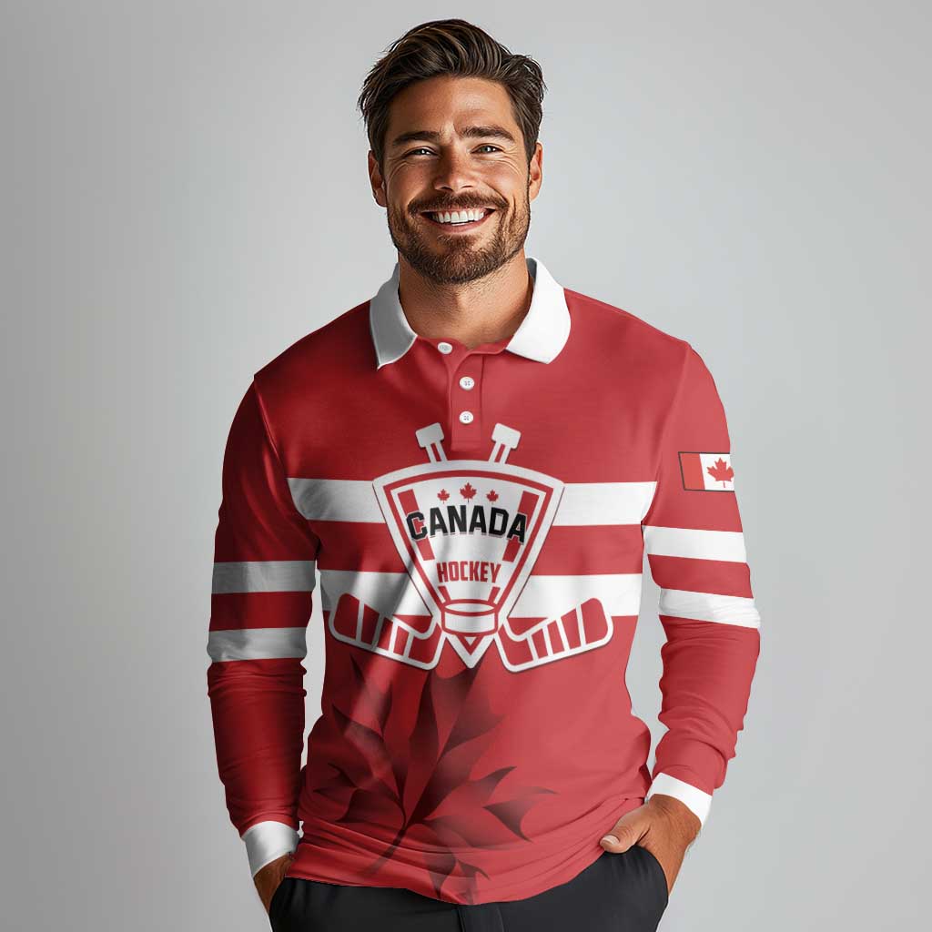 Custom Canada Hockey Team Long Sleeve Polo Shirt Maple Leaf Red Version