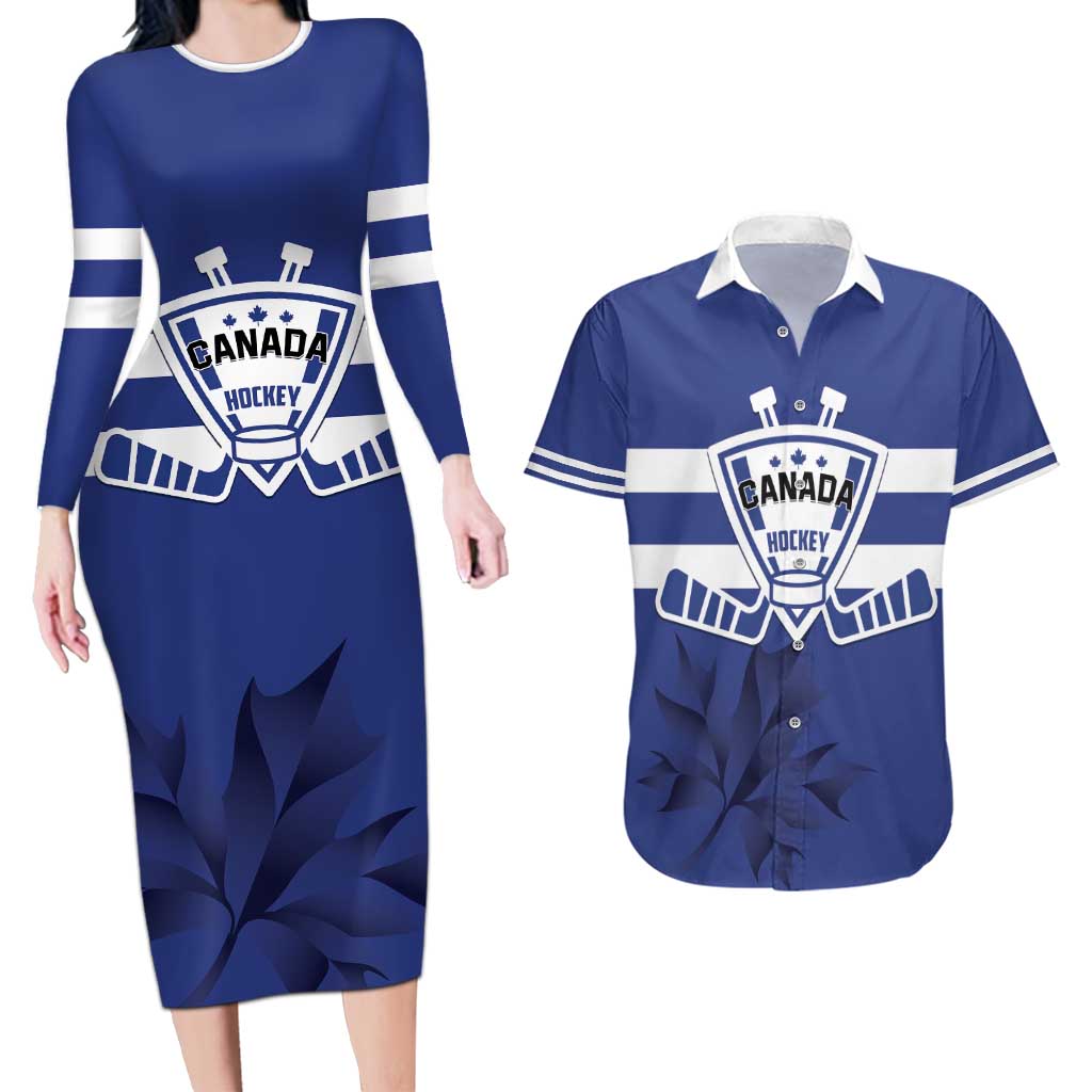 Custom Canada Hockey Team Couples Matching Long Sleeve Bodycon Dress and Hawaiian Shirt Maple Leaf Blue Version
