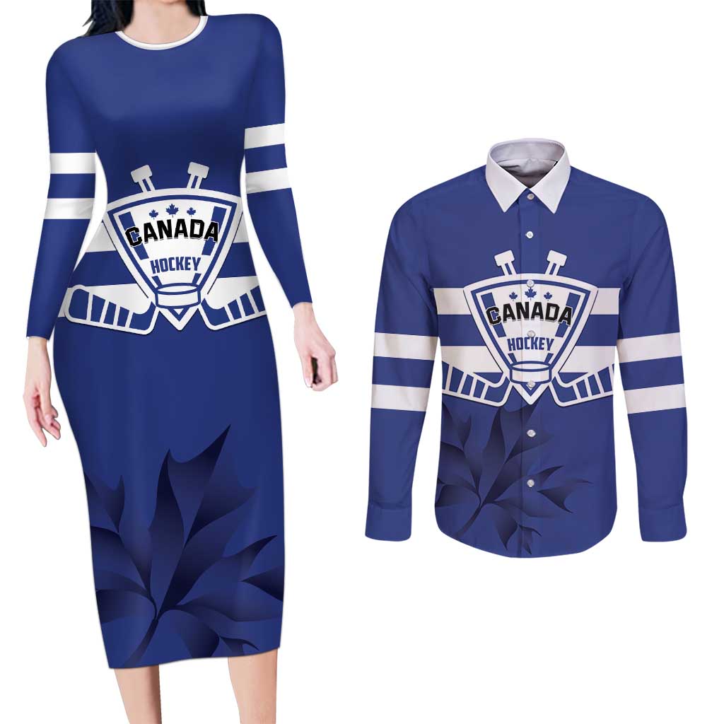 Custom Canada Hockey Team Couples Matching Long Sleeve Bodycon Dress and Long Sleeve Button Shirt Maple Leaf Blue Version