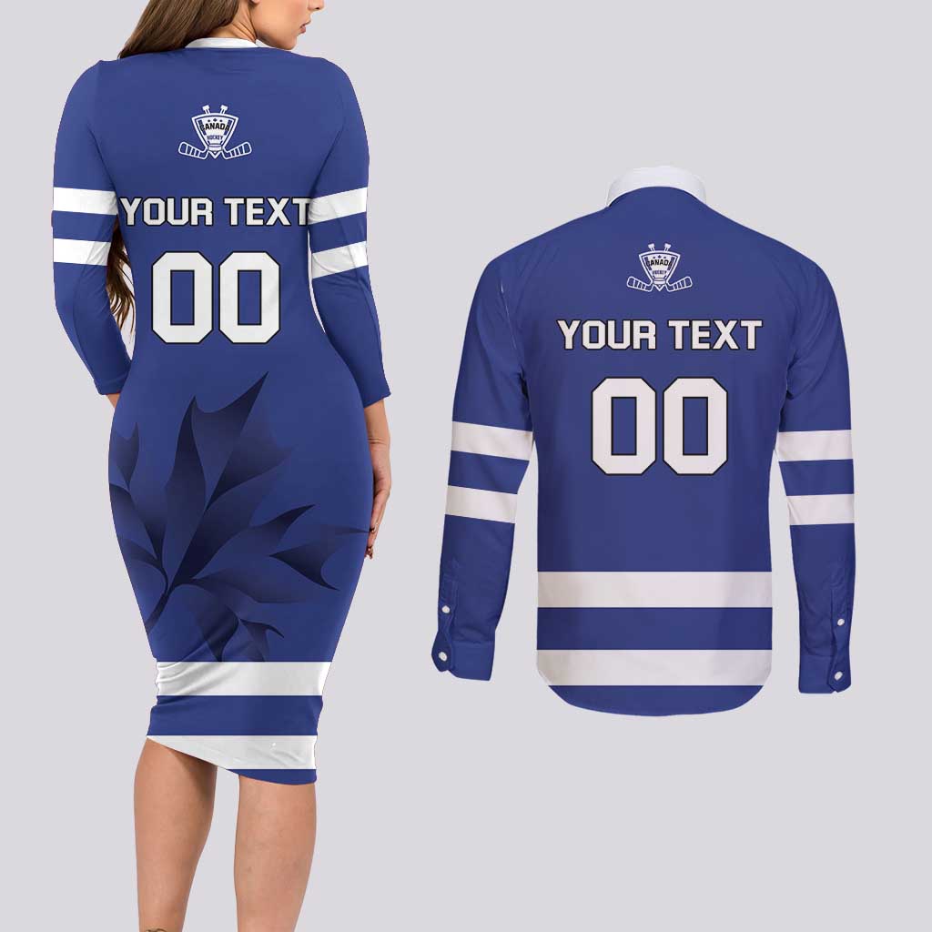 Custom Canada Hockey Team Couples Matching Long Sleeve Bodycon Dress and Long Sleeve Button Shirt Maple Leaf Blue Version
