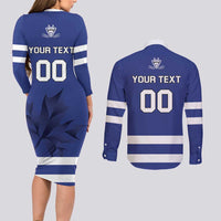 Custom Canada Hockey Team Couples Matching Long Sleeve Bodycon Dress and Long Sleeve Button Shirt Maple Leaf Blue Version