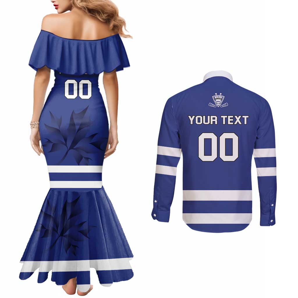 Custom Canada Hockey Team Couples Matching Mermaid Dress and Long Sleeve Button Shirt Maple Leaf Blue Version