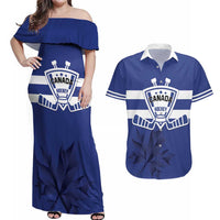 Custom Canada Hockey Team Couples Matching Off Shoulder Maxi Dress and Hawaiian Shirt Maple Leaf Blue Version