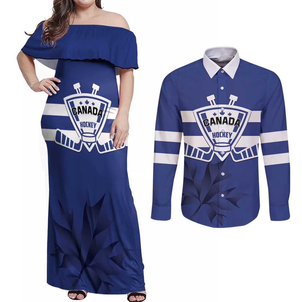 Custom Canada Hockey Team Couples Matching Off Shoulder Maxi Dress and Long Sleeve Button Shirt Maple Leaf Blue Version