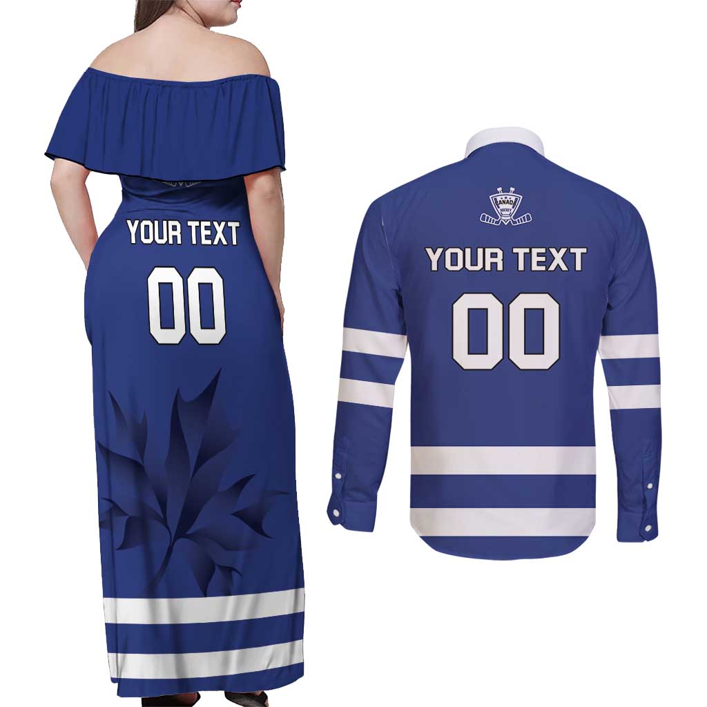 Custom Canada Hockey Team Couples Matching Off Shoulder Maxi Dress and Long Sleeve Button Shirt Maple Leaf Blue Version