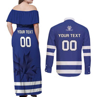 Custom Canada Hockey Team Couples Matching Off Shoulder Maxi Dress and Long Sleeve Button Shirt Maple Leaf Blue Version