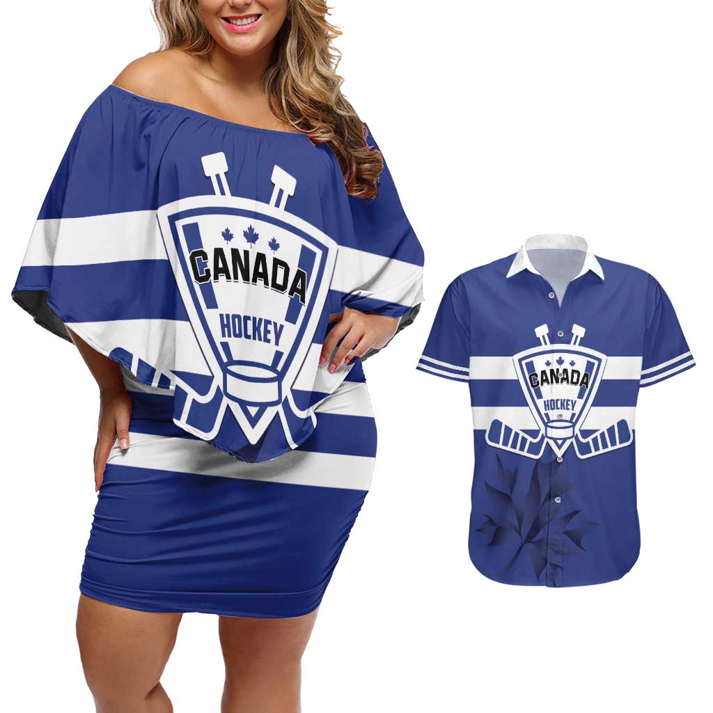 Custom Canada Hockey Team Couples Matching Off Shoulder Short Dress and Hawaiian Shirt Maple Leaf Blue Version