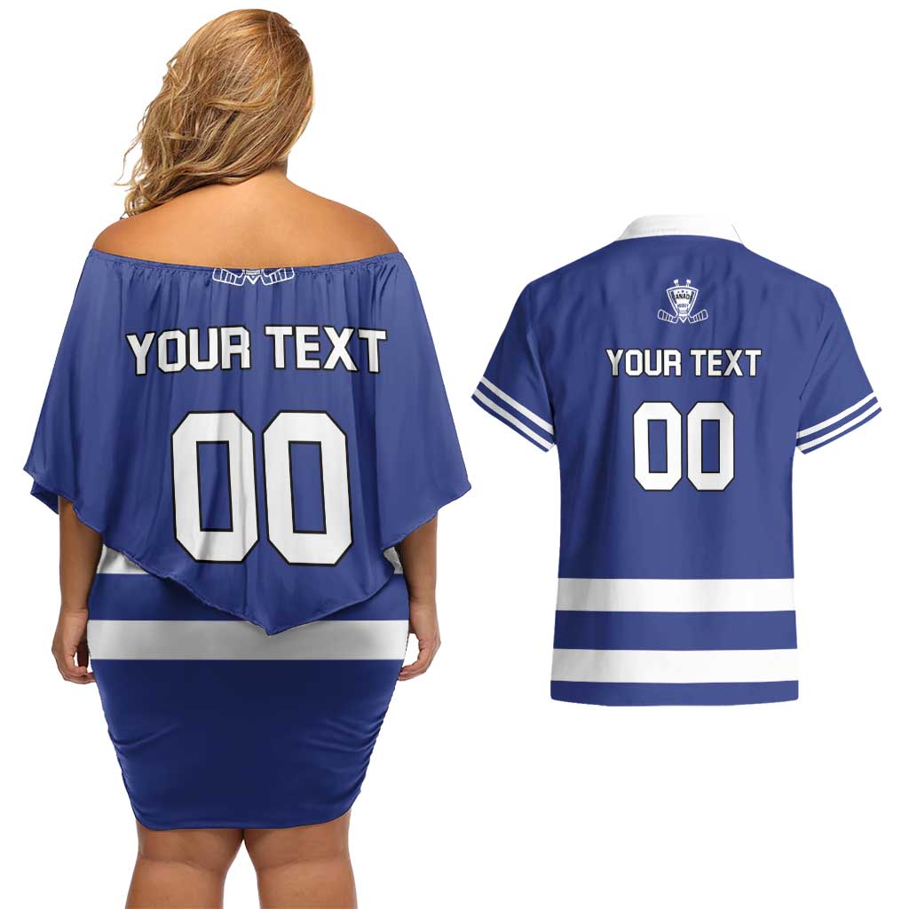 Custom Canada Hockey Team Couples Matching Off Shoulder Short Dress and Hawaiian Shirt Maple Leaf Blue Version