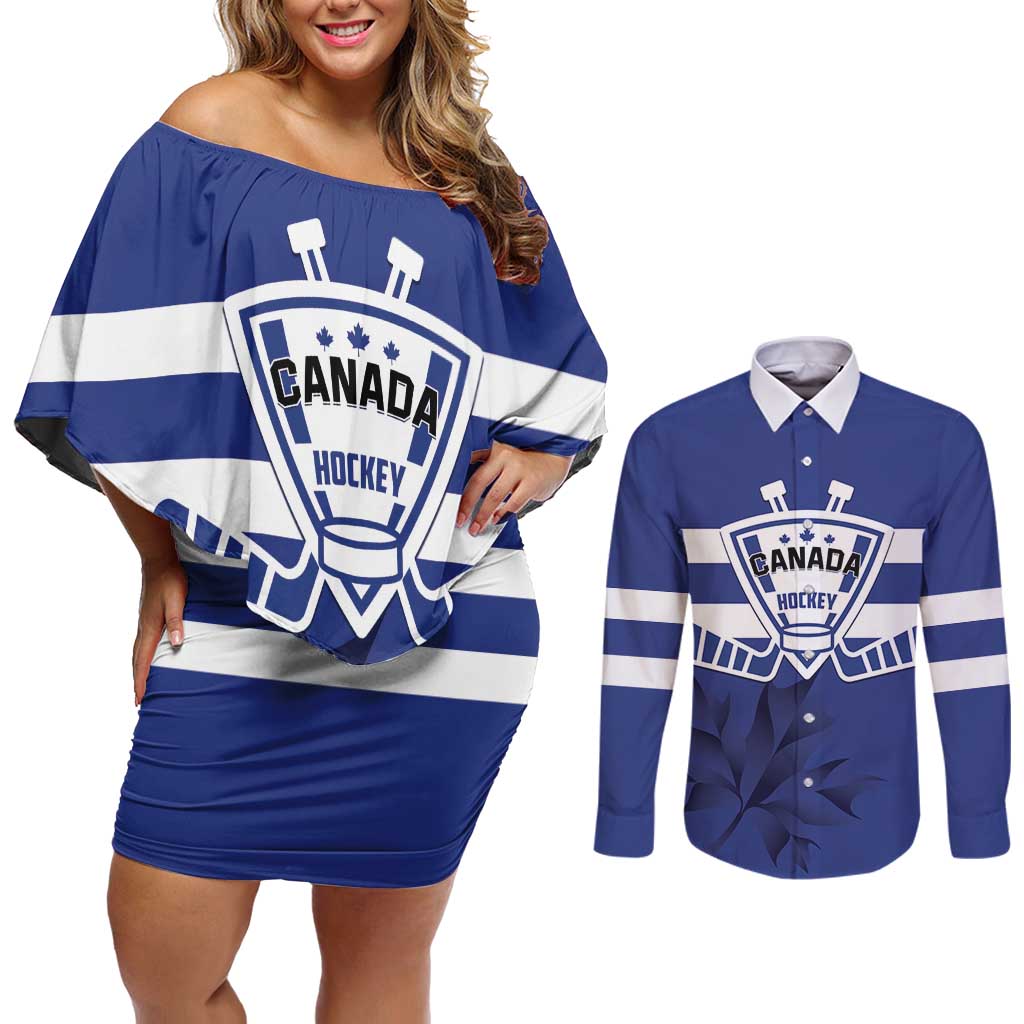 Custom Canada Hockey Team Couples Matching Off Shoulder Short Dress and Long Sleeve Button Shirt Maple Leaf Blue Version