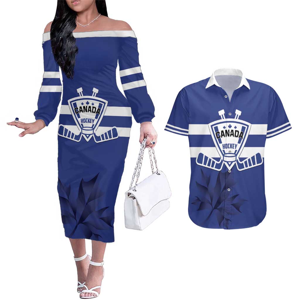 Custom Canada Hockey Team Couples Matching Off The Shoulder Long Sleeve Dress and Hawaiian Shirt Maple Leaf Blue Version