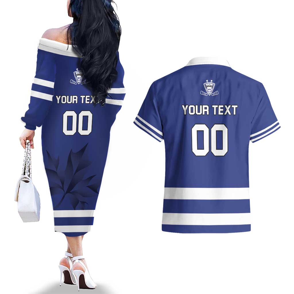 Custom Canada Hockey Team Couples Matching Off The Shoulder Long Sleeve Dress and Hawaiian Shirt Maple Leaf Blue Version