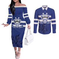 Custom Canada Hockey Team Couples Matching Off The Shoulder Long Sleeve Dress and Long Sleeve Button Shirt Maple Leaf Blue Version