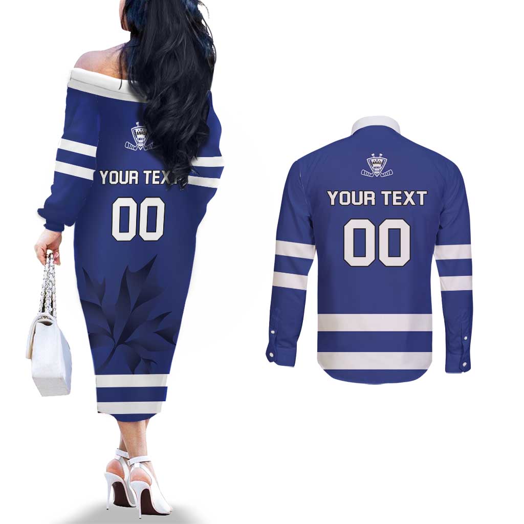 Custom Canada Hockey Team Couples Matching Off The Shoulder Long Sleeve Dress and Long Sleeve Button Shirt Maple Leaf Blue Version