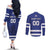 Custom Canada Hockey Team Couples Matching Off The Shoulder Long Sleeve Dress and Long Sleeve Button Shirt Maple Leaf Blue Version