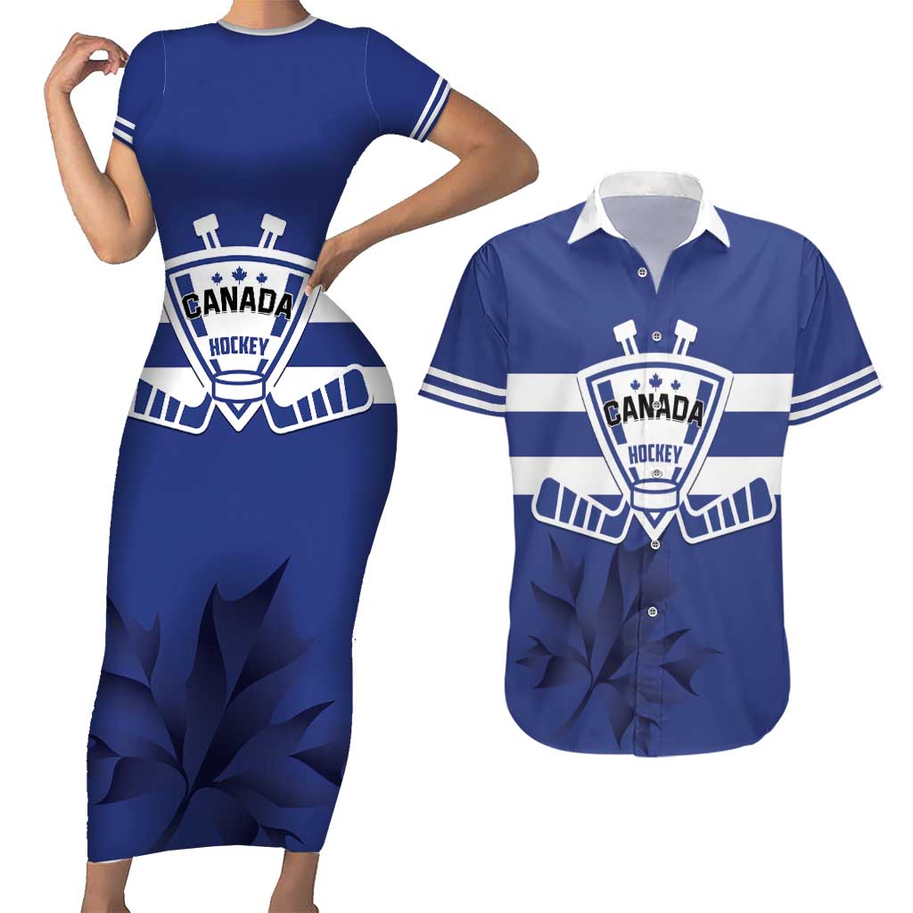 Custom Canada Hockey Team Couples Matching Short Sleeve Bodycon Dress and Hawaiian Shirt Maple Leaf Blue Version
