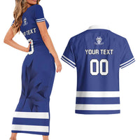Custom Canada Hockey Team Couples Matching Short Sleeve Bodycon Dress and Hawaiian Shirt Maple Leaf Blue Version